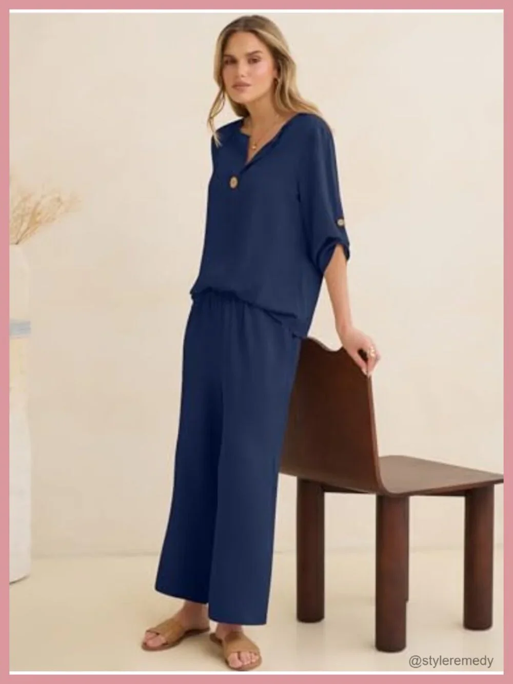 Women's 2 Piece Lounge Sets 3/4 Sleeve V Neck Shirt Wide Leg Pants Matching Set